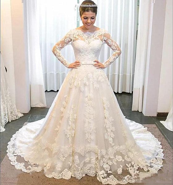 

Fabulous Sheer Lace Long Sleeves Wedding Dresses White Puffy A Line 3D-Floral Appliques Vestido De Noiva 2019 Plus Size Women Bridal Dress