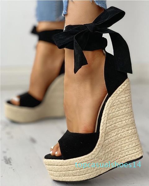 

women summer wedge sandals female platform bohemia high heel sandals fashion ankle strap open toe ladies shoes t14, Black