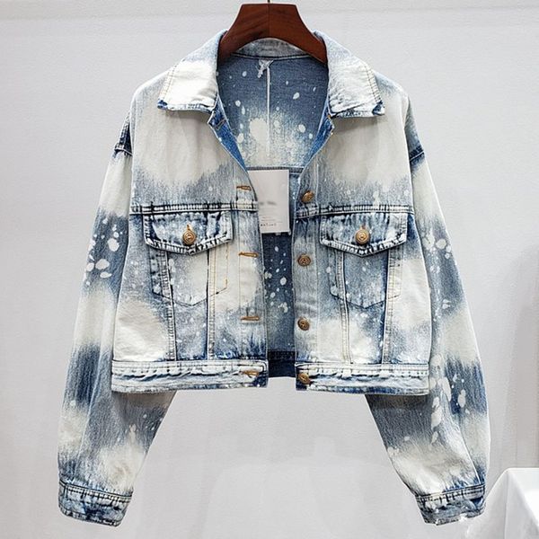 

seebeautiful graffiti printed lapel long sleeve button pockets loose denim jacket coat woman autumn 2020 new tide fashion t181, Black;brown