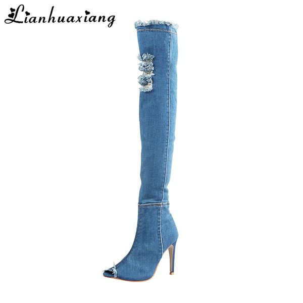 

2019 spring fashion women hole denim thigh high boots high heels over knee boot peep toe botas, Black