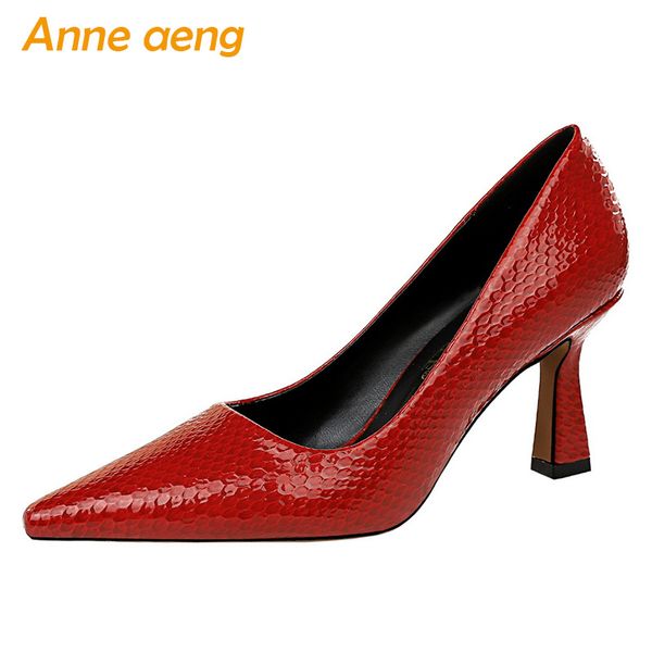 

2020 new spring women pumps 7cm high block heel pointed toe shallow solid office ladies women shoes red female high heels, Black
