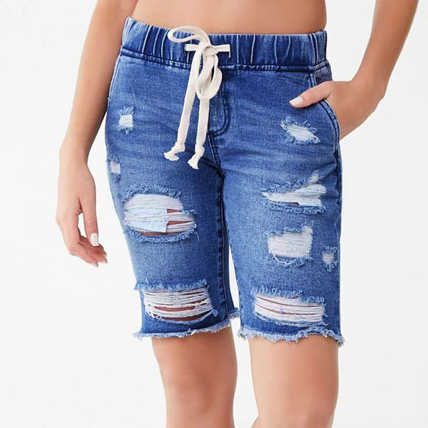 

2020 summer skinny women's jeans casual denim pants elastic plus size knee length mid waist hole drawstring with pockets mujer, Blue