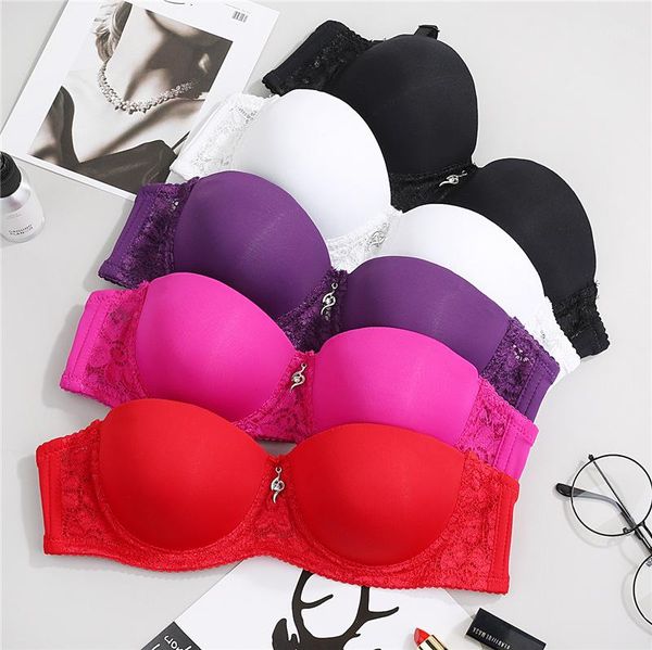 

small breast adjusts straps a b bra female t shirt bra womens bra black white gather breast super push up lace lingerie, Red;black