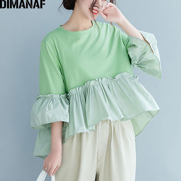

dimanaf plus size women blouse shirts lady tunic cotton summer pleated ruffles loose casual female clothes solid green 2019, White