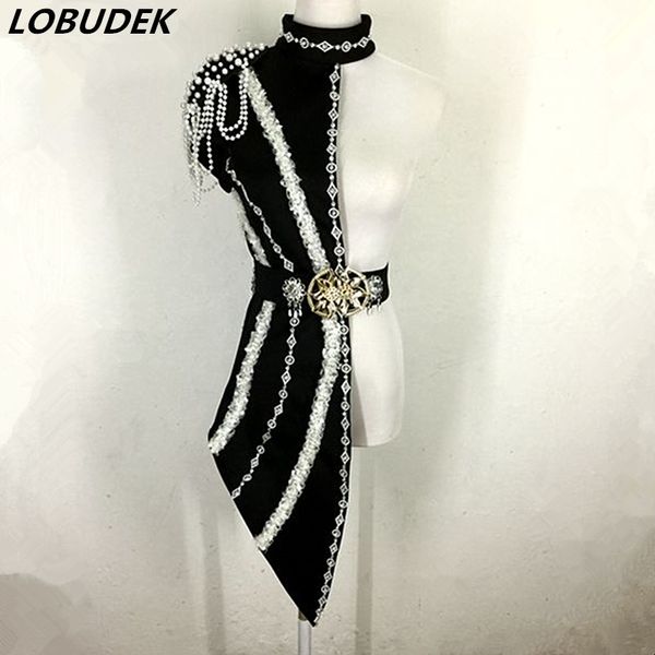 

novelty female jazz stage outfit black red beading single dress dance teams performance costume nightclub bar dj singer clothing