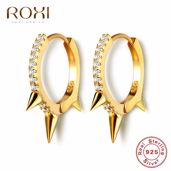 

roxi 100% 925 sterling silver punk rivet small open hoop earrings cubic zirconia spike earrings for women fashion jewelry gifts, Golden