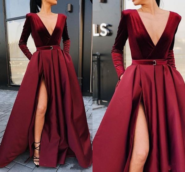 

2020 new arabic burgundy black red velvet satin evening dresses deep v neck simple long sleeves side split plus size party prom gowns