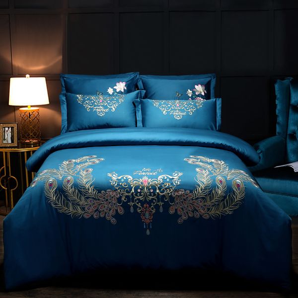 Luxury 60s Egypt Cotton Peacock Feathers Bedding Set Embroidery