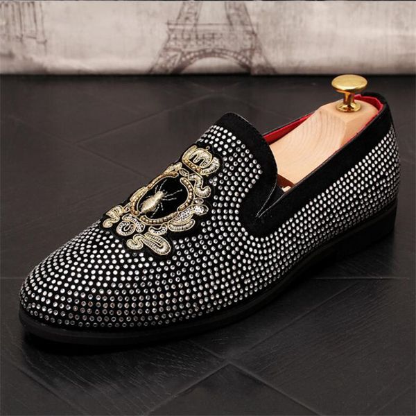 

luxury fashion brand embroidery men loafers black diamond rhinestones spikes men shoes rivets casual flats sneakers wholesale