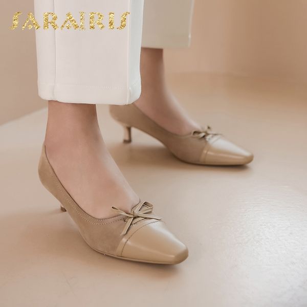 

sarairis 2020 new fashion genuine cow leather thin heels office lady pumps woman shoes slip-on bowtie career shoes women pumps, Black