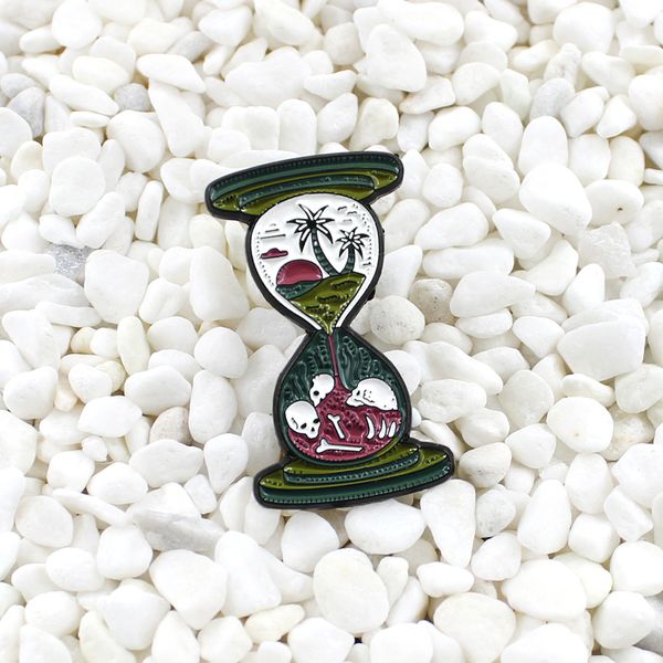 

hourglass brooch lonely island sunset coconut tree sketeton personality creative badge denim leather backpack pin halloween gift, Gray