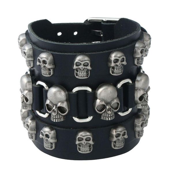 

new fashion aloy skeleton buckle leather bracelet punk rock cowhide wide bangle cool whristband with 2 pin buckles black brown jewelry gifts, Golden;silver