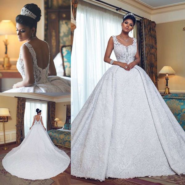 

luxury lace ball gown wedding dresses with overskirts backless crystal bridal gowns plus size dubai cathedral train wedding dress custom, White