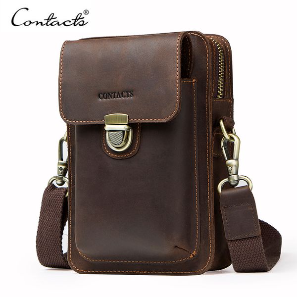 

men waist pack genuine leather vintage travel cell phone bag with zipper pocket card holder for male shoulder bag cj191130, Black;red