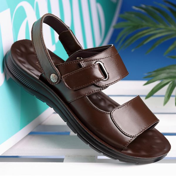 

casual summer shoes men sandals 2020 genuine leather solid slip-on hook-loop flats sandals men shoes footwear zapatos de hombre, Black