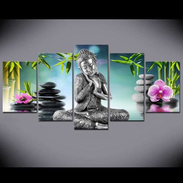 

5 pieces buddha canvas wall art painting for bed room decor modern buddha orchid bamboo water zen print picture no frame