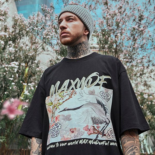 

marchwind brand hip hop oversize t shirt men 2020 streetwear harajuku crane tshirt short sleeve cotton loose hiphop t-shirt plus size black