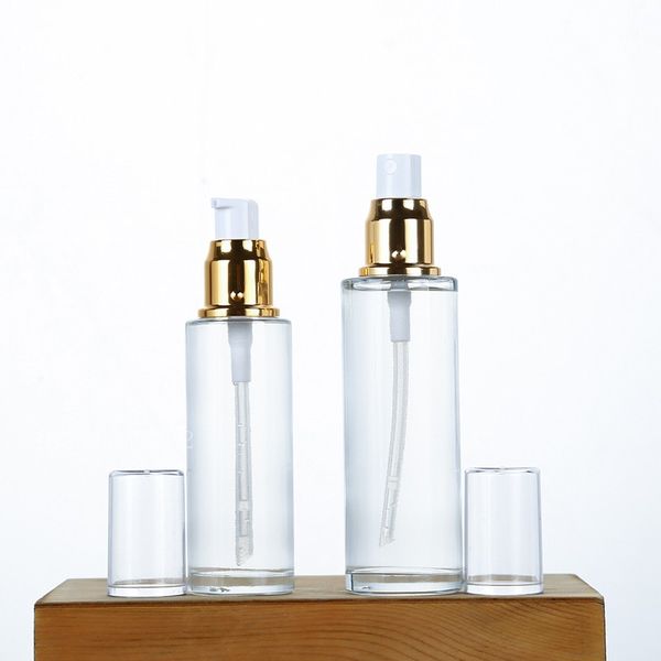 

clear glass bottle gold lotion pump bottle 50ml 60ml 80ml cosmetic packaging container gold lid glass spray bottles 100pcs