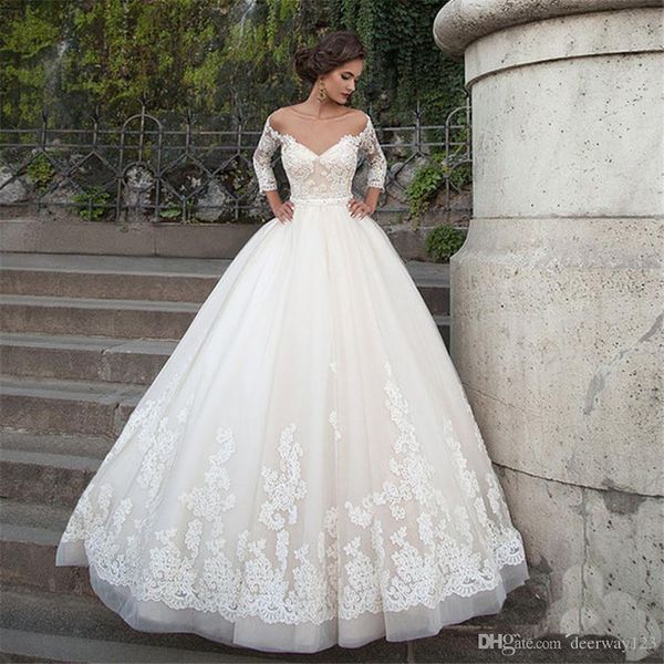 

off the shoulder long sleeves wedding dress tulle v-neck backless pearls belt appliqes lace ball gown court train custom bridal gowns, White