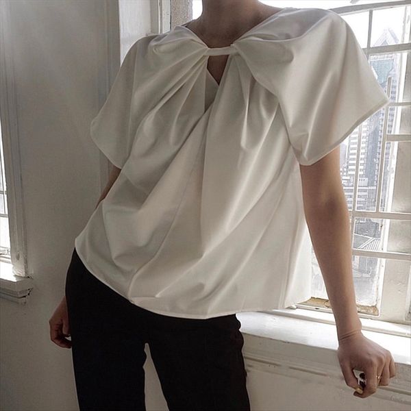 

summer 2020 circle pleated neckline design white short-sleeved t- women's gray shawl t- shirt shawl cloak shirt top