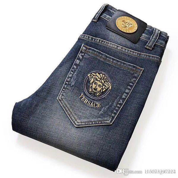 

qiu dong embroidery high-grade men's jeans casual stretch straight tube slim jeans men's foreign trade, Blue