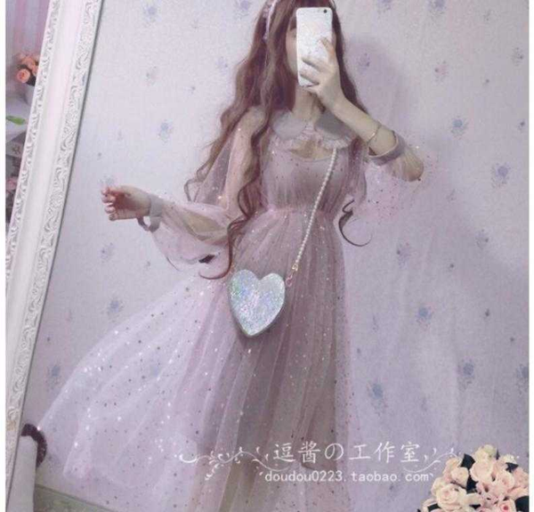 

sweet princess lolita dress vintage star gauze victorian dress peter pan collar kawaii girl gothic lolita op loli cosplay, Blue