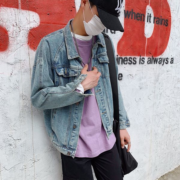 

autumn new denim jacket men fashion washed solid color casual retro denim jacket man streetwear wild hip hop loose bomber, Black;brown