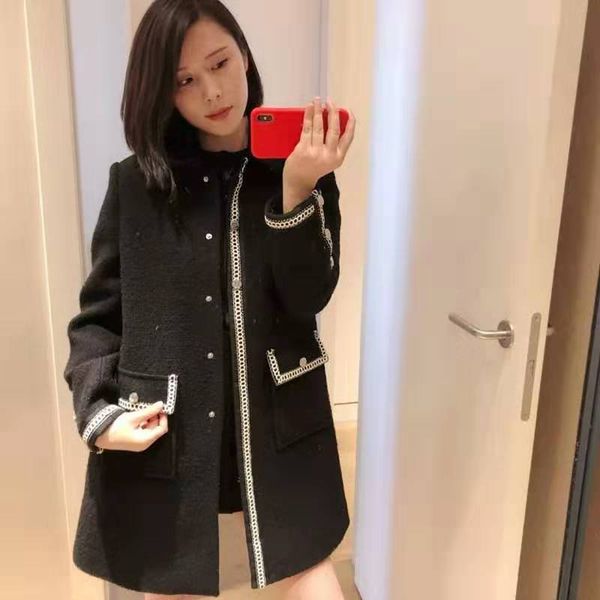 

2019 fall and winter small fragrance big pocket women straight woolen coat, Black