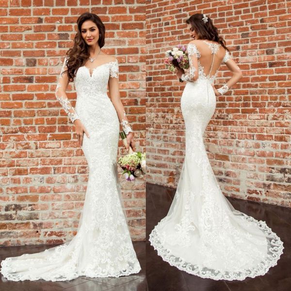 

stylish mermaid backless lace wedding dresses sheer off the shoulder beach bridal gowns trumpet sweep train tulle vestidos de novia, White