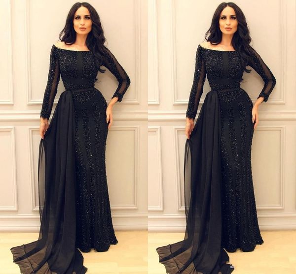 

Sparkly Sequined Black Long Sleeve Mermaid Prom Dresses 2019 Modest Sexy Formal Evening Gowns With Ribbon Pageant Dress