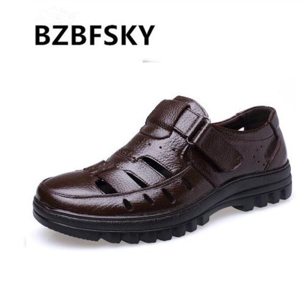 

bzbfsky 2019 genuine leather sandals men summer shoes non-slip men's sandals soft casual brand footwear, Black