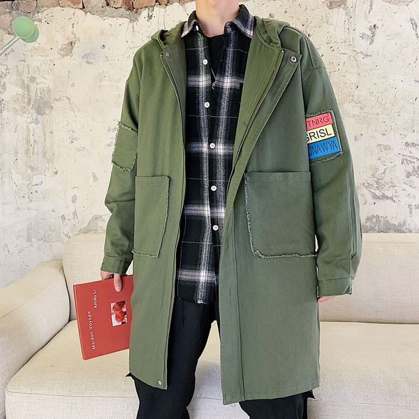 

long trench coat jacket men cotton autumn spring black hip hop coats streetwear men's hooded army green casual jackets 5xl, Tan;black