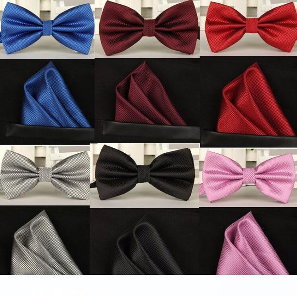 

silk solid business bowtie men vintage purple black yellow silver wedding bow tie pocket square handkerchief set lote, Blue;white