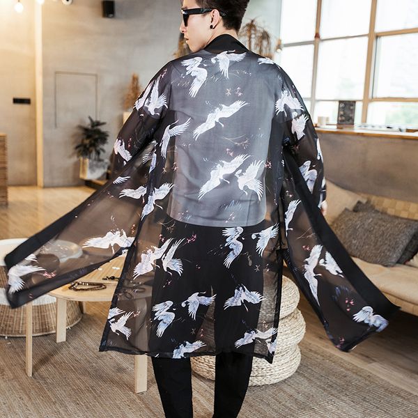 

vintage men's chiffon trench coat men printed long jacket sunscreen black transparent thin open stitch loose trench -5xl, Tan;black