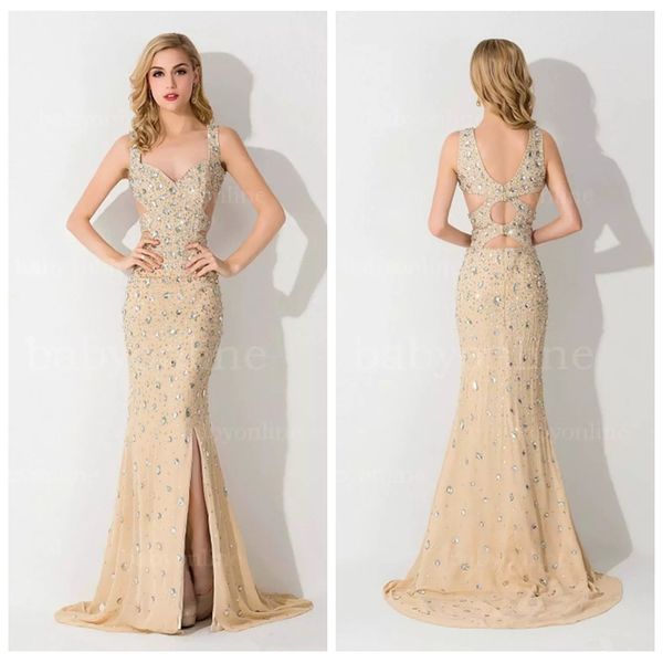 

2019 spaghetti slim mermaid chiffon long prom dresses beaded crystal sweep train long special occasion party gowns evening gowns, Black