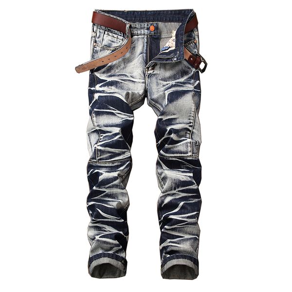 

new fashion men motorcycle denim pleated jeans straight slim fit pants trousers jeans stretch distressed skinny male biker, Blue