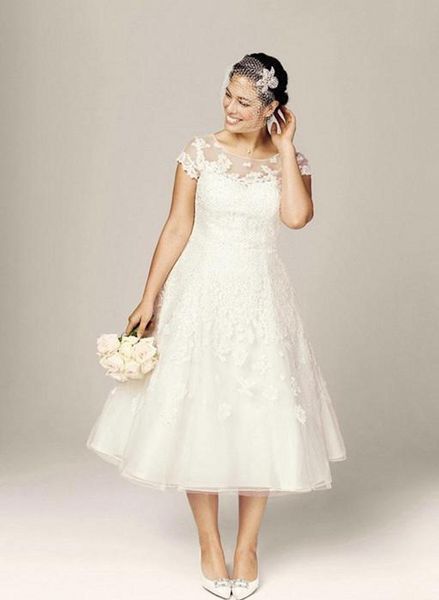 

2020 modest tea length plus size lace applique wedding dresses illusion bodice covered buttons custom made garden country bridal dresses, White