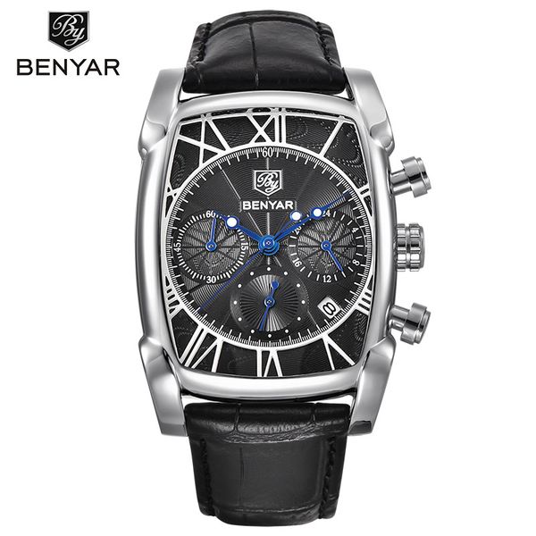 

benyar men sports quartz watch man chronograph waterproof leather men leisure clock relogio masculino, Slivery;brown