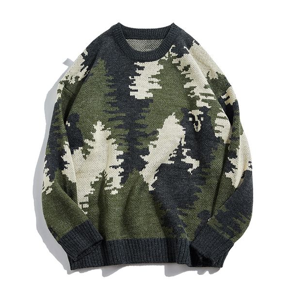 

men's sweaters autumn and winter sweater male jacquard hedging thick army green japanese retro camouflage, White;black