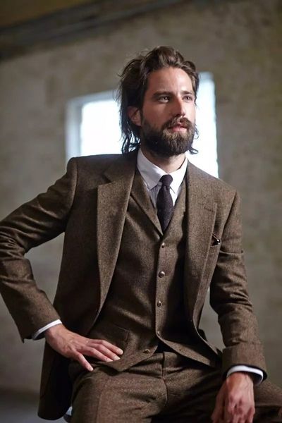 

autumn winter popular brown tweed groom tuxedos notch lapel one button fashion men wedding dress men 3 piece suit(jacket+pants+tie+vest) 94, Black;gray