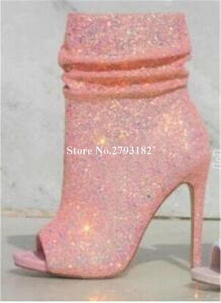 

bling bling women fashion peep toe stiletto heel ankle boots pink black sequined zipper-up high heel ankle booties dress heels