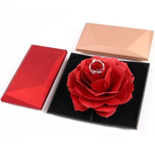 

rotating rose ring box folding jewelry storage box case for proposal wedding engagement foldable rose ring for women rt99