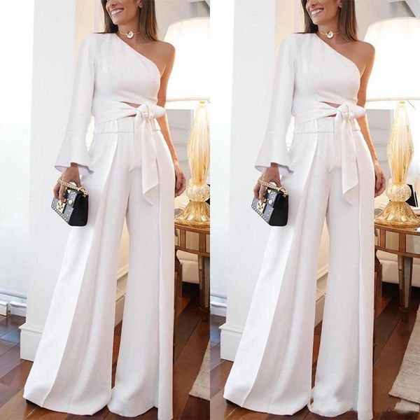 2019 festa da sera bianco monospalla donna tailleur pantalone abito poeta manica lunga cutaway lati tute larghe donna abito da festa casual