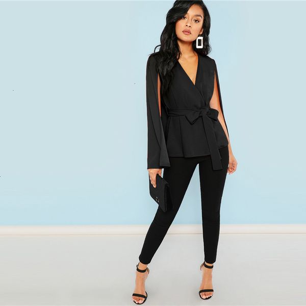 

workwear черный глубокий v шеи стихарь шеи галстук талии плащ рукава пальто мыс streetwear современная леди верхняя одежда пальто new, White;black