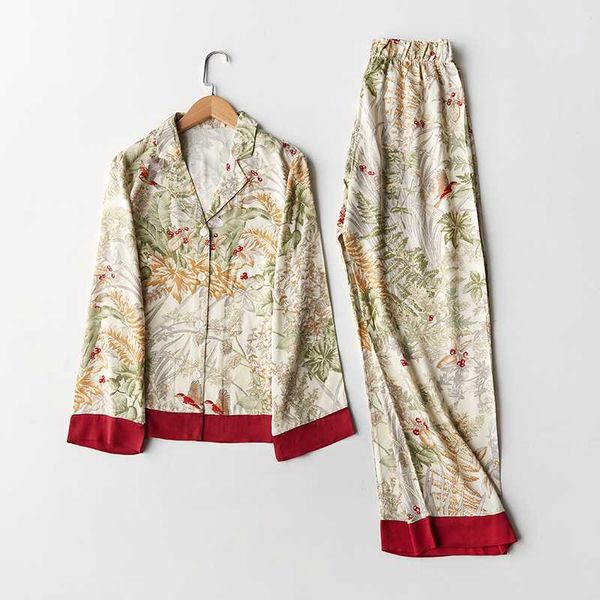 

spring new casual long sleeve satin pajama set green grass printing sleepwear loungewear women turn-down collar pijama mujer, Black;red