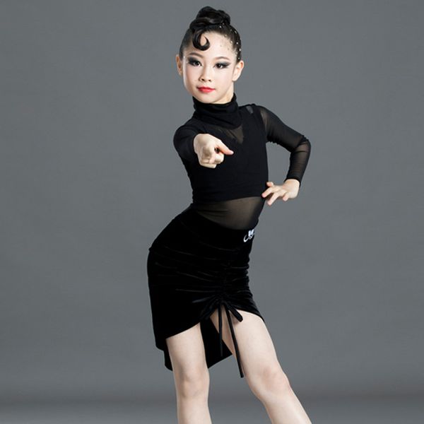

girls latin dance dress black mesh jumpsuit velvet skirt children practice costumes rumba cha cha samba salsa dancewear dn5209, Black;red