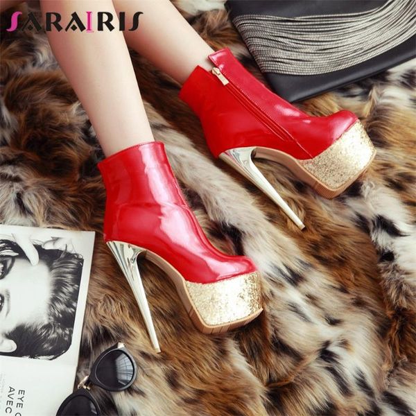 

sarairis новая весна lady 2020 high платформа boots моды партии супер высокие каблуки сапоги женщины прохладный патент pu лодыжки обувь женщ, Black