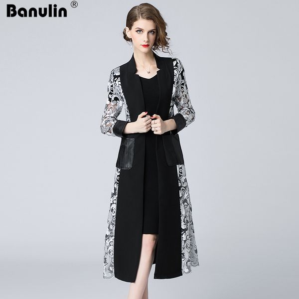 

banulin runway spring autumn vintage women long trench coat graceful floral embroidery cadigan spliced patchwork party trench, Tan;black