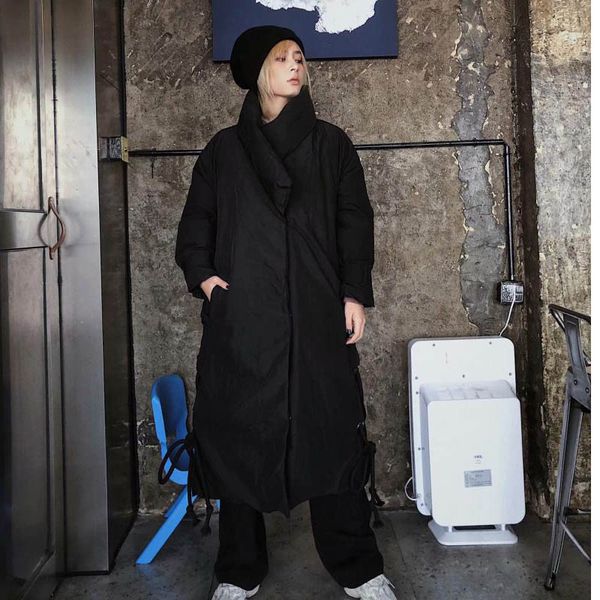 

2018 winter new black loose long-sleeved side straps long paragraph warm cotton clothes ladies thick cotton coat