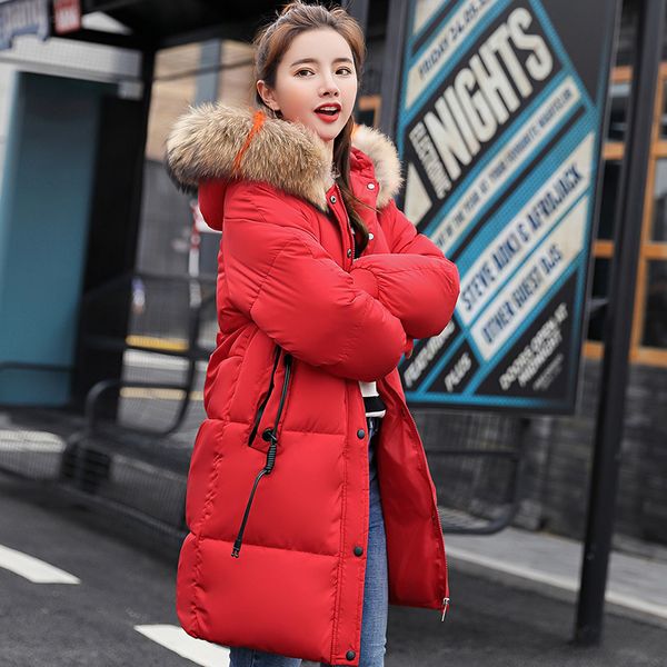 

warm hooded fur collar cotton long parka women winter coat jacket 2018 clothing for mujer feminine fashion red coat, Black